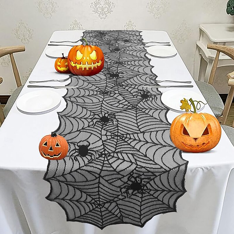 1 Piece Of Halloween Polyester Tablecloth Table Runner - Quirky Spider Web Lace Design For Gothic Decoration At Holiday Gatherings, Dark Napkins To Change The Atmosphere Of Your Room Fall Autumn,Chris