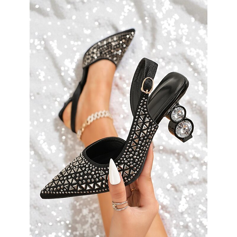 Women's Black Rhinestone Studded Slingback Heels, Pointed Toe Party Shoes with Geometric Crystal Heels for Nightlife and Club Events3
