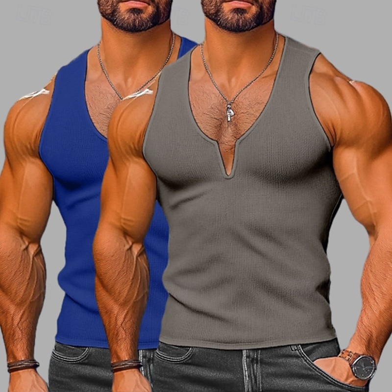 Men's Waffle Tank Top Tank Top Vest Undershirt Sleeveless V Neck Summer Plain Fashion Classic Casual 2 Piece Street Casual Sports Yellow+Blue Yellow+Light Gray Gray+White Top Tee for Men4