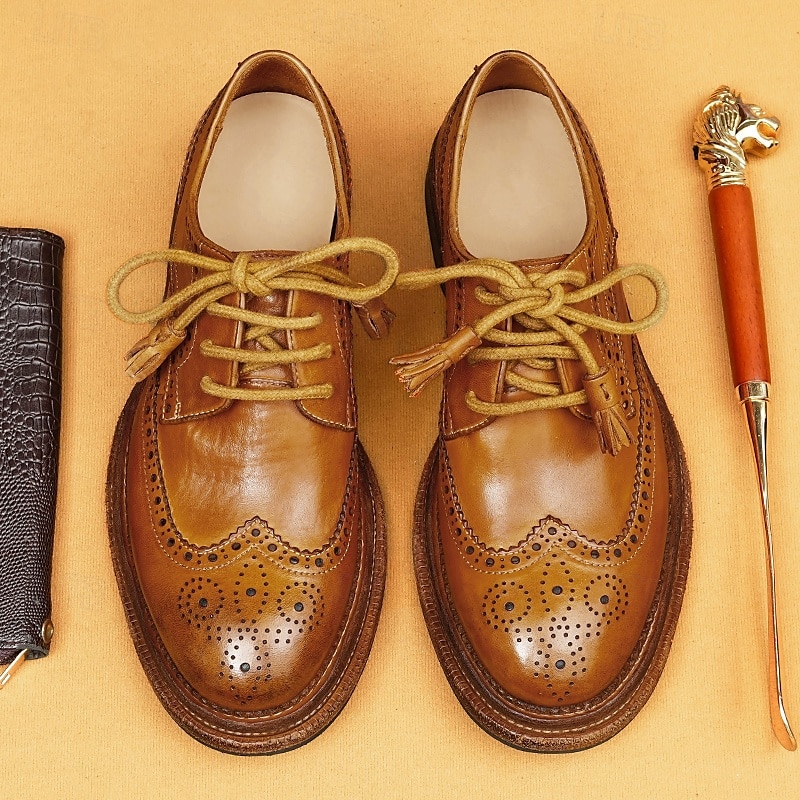 Men's Tan Leather Wingtip Brogue Shoes with Goodyear Welt and Lace-Up Design - Elegant and Comfortable Formal Shoes for Professional and Social Events2