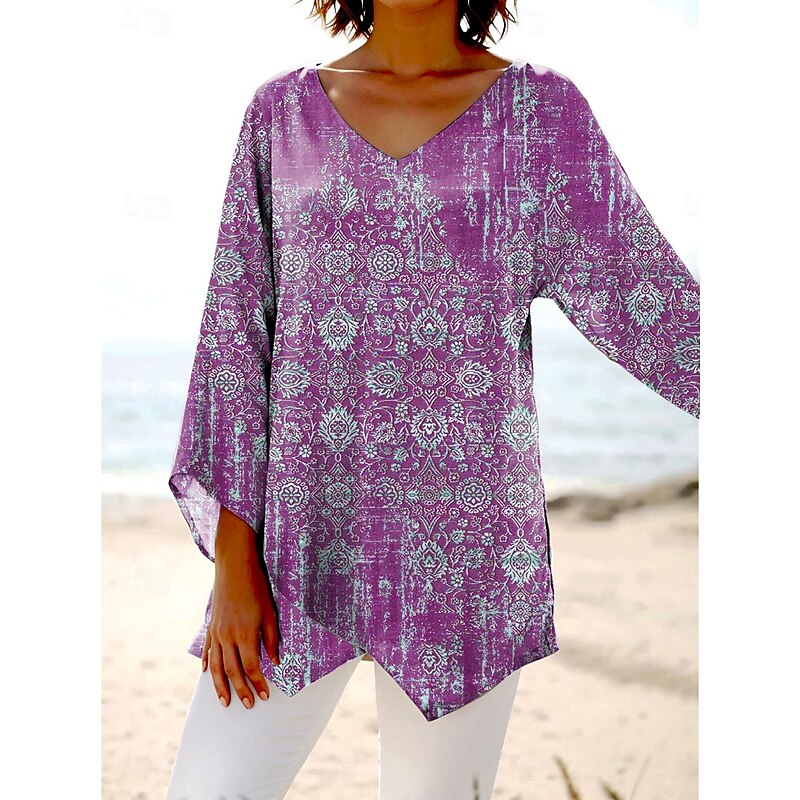 Women's Blouse Long Sleeve Asymmetrical Hem Graphic Paisley Hawaiian Stylish Casual 3/4 Length Sleeve V Neck Regular Tops Daily Holiday Going out Print Blue Purple Green Summer Spring Fall3
