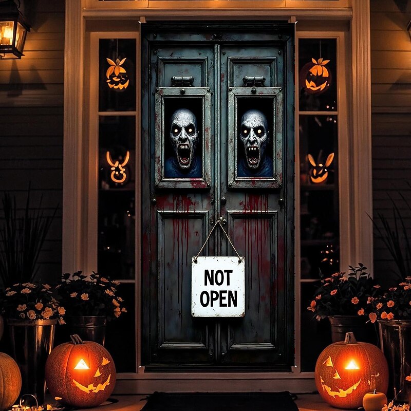 Halloween Door Cover Front Door Curtain Decoration, Halloween Broomstick Bats Flying Jagged Bottom Display2