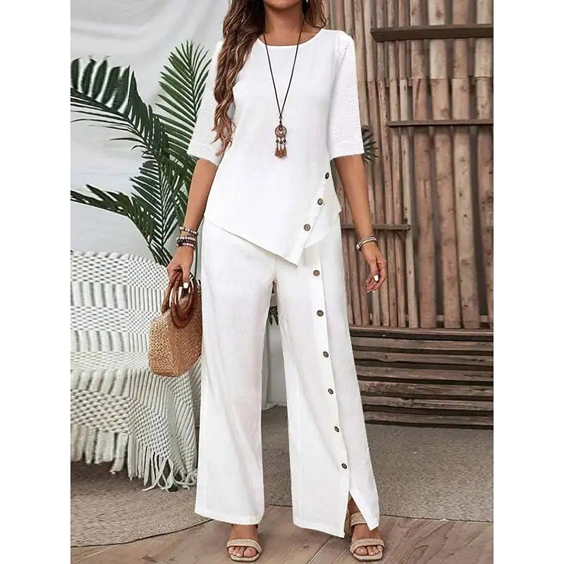 Women's Elegant Fashion Streetwear Pants Sets Half Sleeve Round Neck Solid Color Patchwork Casual Daily Black White Green Summer Regular Fit2