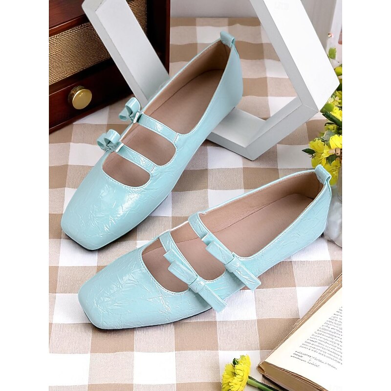 Women's Light Blue Triple-Strap Mary Jane Flats with Bows – 1950s Vintage-Inspired Square Toe Ballet Shoes for Outfits, Daily Wear, and Cottagecore Style2