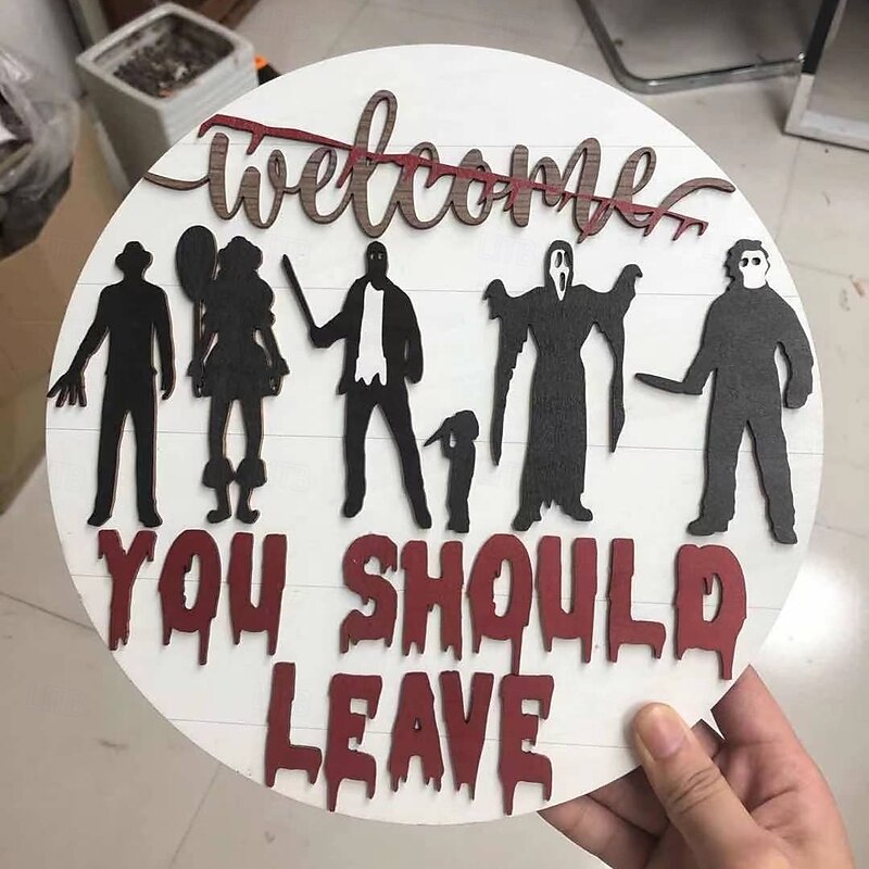 Halloween Horror Welcome Sign - Horror Welcome Pendant at the Front Door - Wooden Crafts Door Hanging Sign3