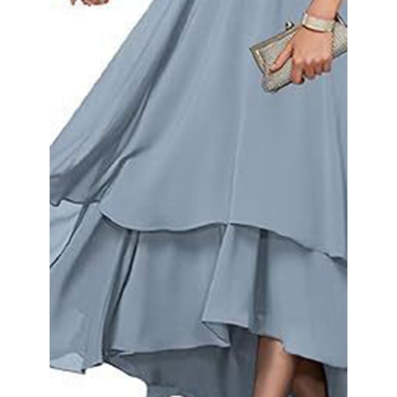 A-Line Mother of the Bride Dress Elegant Simple Boat Neck Asymmetrical Polyester Half Sleeve with Solid Color3