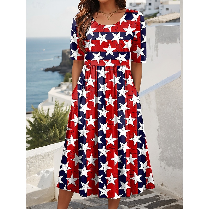Women's Patriotic  Midi Dress Summer Dress Pleated Dress Vacation Casual Holiday Loose Fit Graphic Striped American Flag Half Sleeve Crew Neck Red Blue Dark Blue Summer4