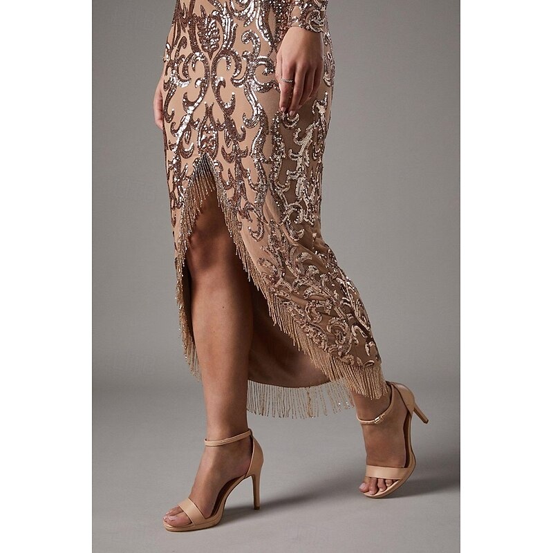 Mermaid / Trumpet Sheath / Column Evening Gown Elegant Dress Formal Wedding Floor Length Long Sleeve V Neck Sequined with Tassel Slit3