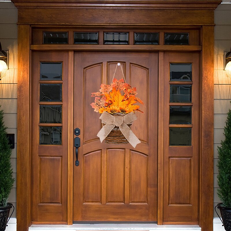 Fall Wreath for Front Door Thanksgiving Harvest Indoor Outdoor Decoration, Natural Vine Basket with Autumn Leaves and Bow, Rustic Door and Wall Hanging2