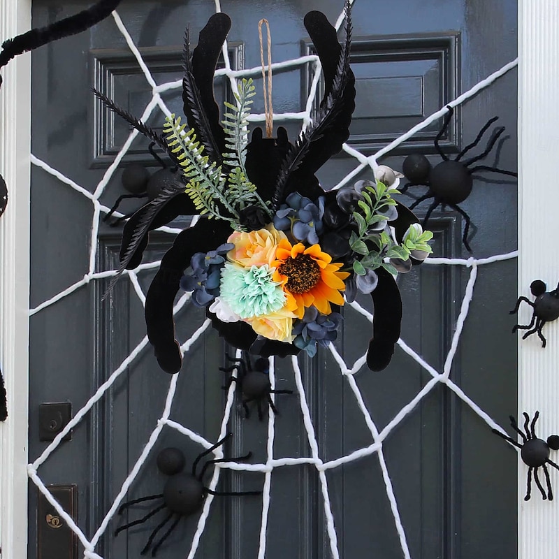 Halloween Spider Door Sign Wooden Wreath Wall Hanging, Faux Floral Vine Ring Door Hanger for Front Porch, Window or Party Decoration4