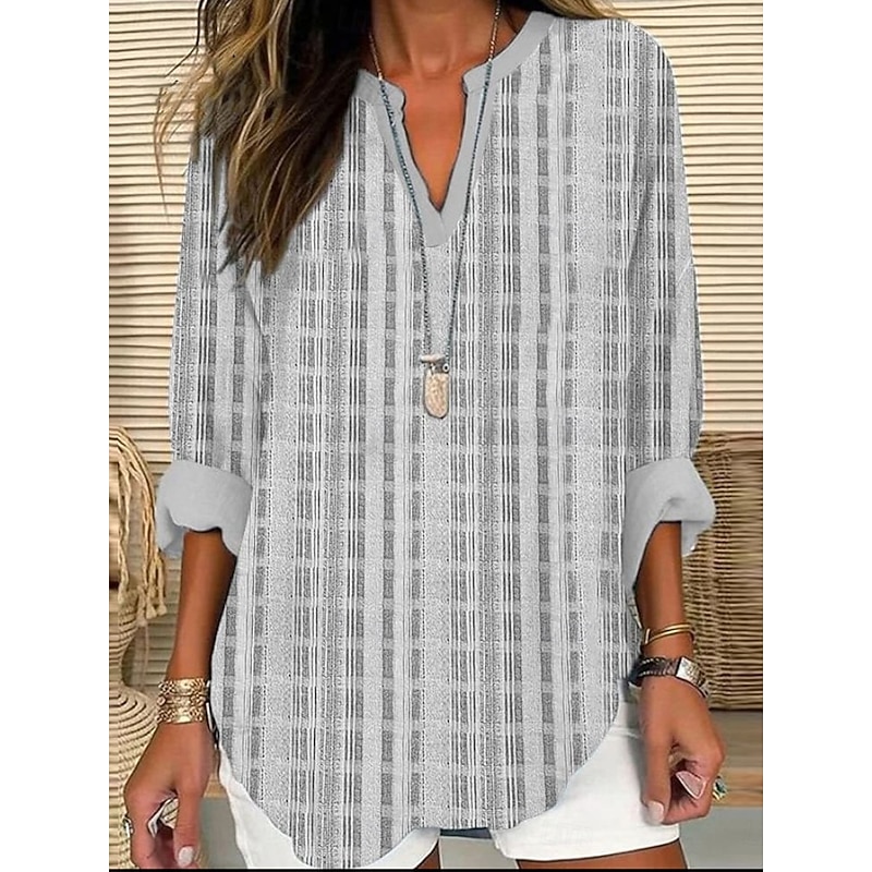 Women's Shirt Floral Striped Stylish Modern Long Sleeve V Neck Regular Tops Daily Holiday Buttons Print Pink Royal Blue Blue Gray Summer3