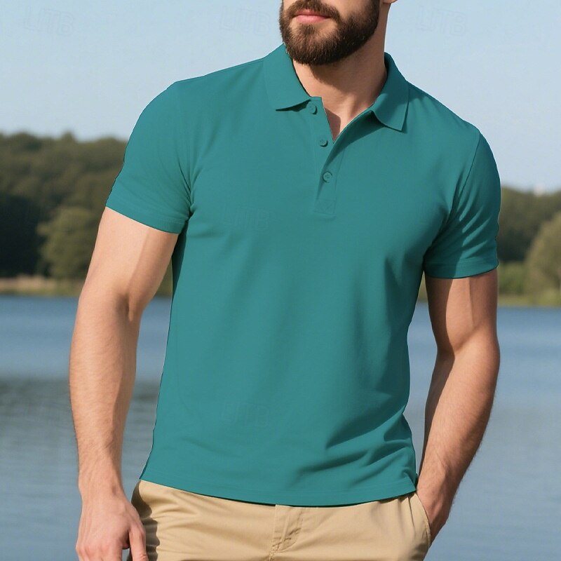 Men's Solid Color Polo Golf Shirt Short Sleeve Polo Collar Classic Business Causal Summer Spring Deep Green Lake blue White2