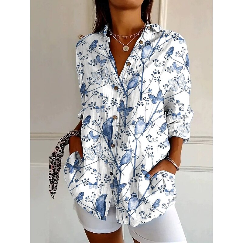 Women's Shirt Button Down Tunic Shirt Collar Long Sleeve Floral Graphic Vintage Daily Stylish Regular Tops Daily Holiday Vacation Wear s Print White Light Green Light Brown Blue Khaki3