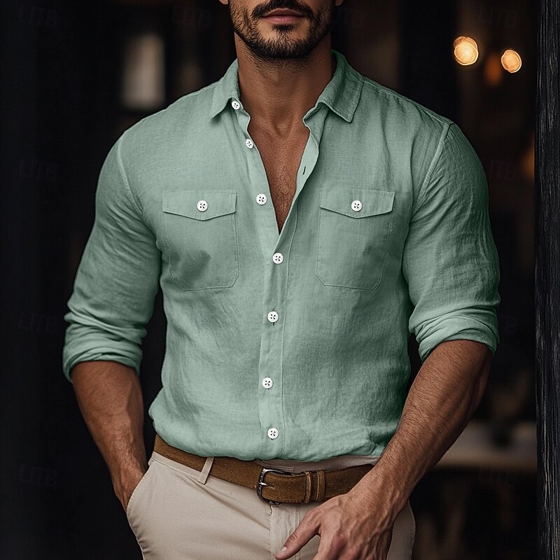 Men's Shirt Linen Shirt Summer Shirt Beach Wear Button Up Shirt Solid Color Vacation Street White Blue Green Khaki Long Sleeve Fold-over Collar Summer Spring Clothing Apparel Pocket