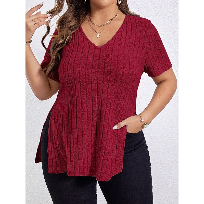 Women's Plus Size Tops T Shirt Solid Color Graphic Short Sleeve V Neck Casual Daily Polyester Summer Spring Black Wine4