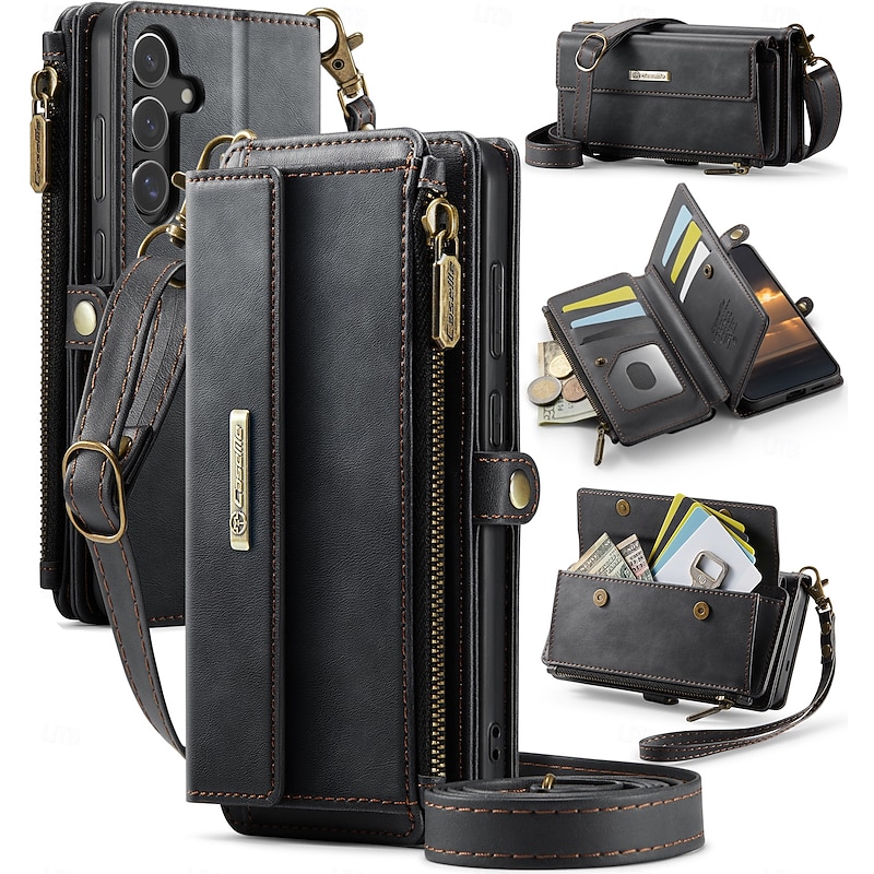Phone Case For Samsung Galaxy S25 S25 Edge S24 S24 FE S23 S22 S21 Ultra Plus A16 A55 5G A15 Wallet Case with Lanyard Kickstand Shockproof TPU PU Leather