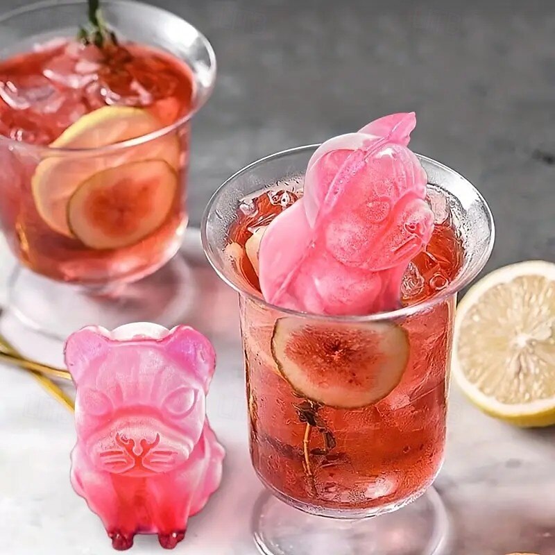 1pc Ice Cube Mold 2.4''/2.8'' Large 4 Cubes, French Bulldog,Cat, Ice Cube Tray with Lid, Fun and Cute Gifts for Whiskey, Cocktails and Bourbon with Easy Release2