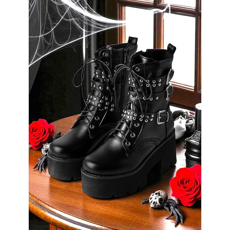 Women's Y2K Gothic Platform Combat Boots - 1980s-Inspired Black Lace-Up Ankle Boots with Studded Straps and Chunky Heels for Cosplay, Halloween,and Punk Streetwear