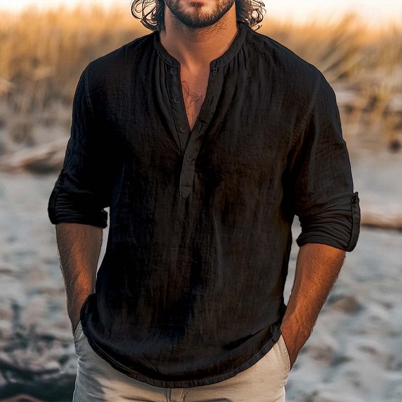 Men's Shirt Linen Shirt Summer Shirt Beach Shirt Solid Color Vacation Casual Black White Light Blue Long Sleeve Henley Clothing Apparel Multiple Pockets3