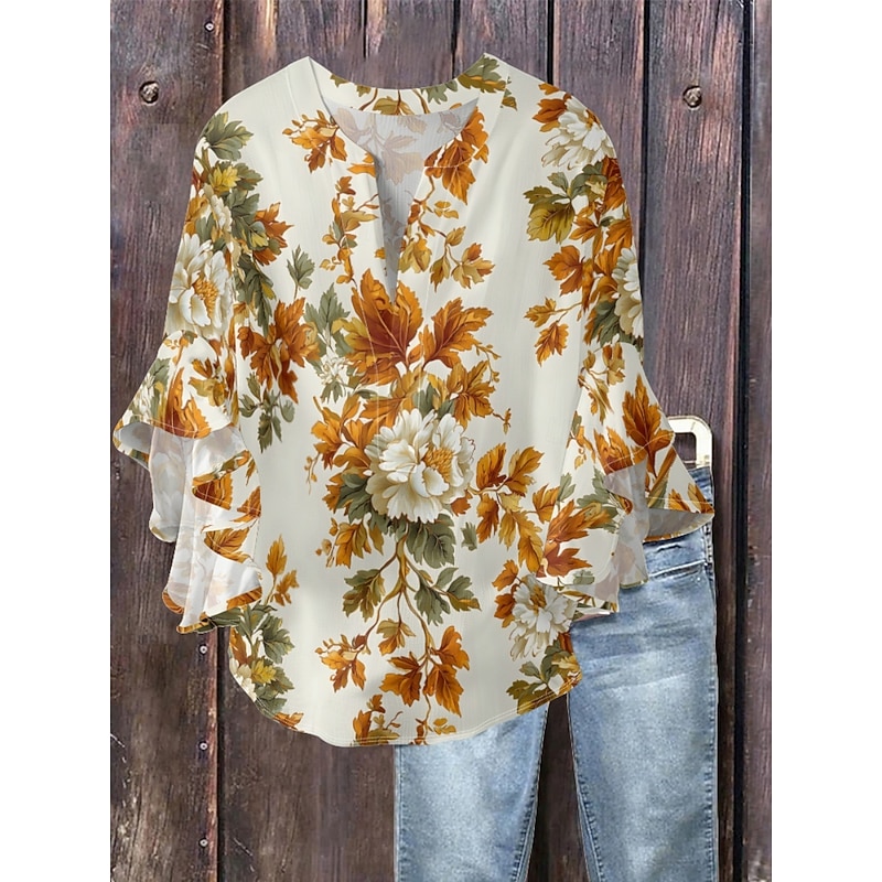 Women's Blouse Floral Stylish Modern 3/4 Length Sleeve V Neck Regular Tops Daily Holiday Ruffle Print Blue Orange Khaki Summer3