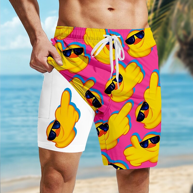 Men's Little Yellow Duck Funny Lined Shorts 2 in 1 Board Shorts Swim Shorts Mid Waist Hawaiian Holiday Side Pockets With Compression Liner Elastic Drawstring Waist Designer Clothing Apparel4