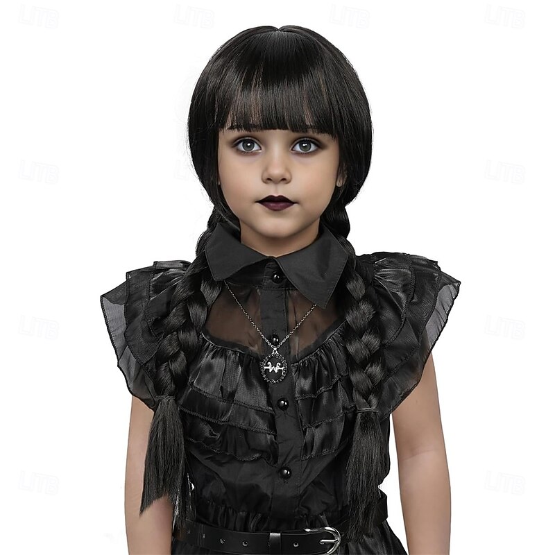 Long Braid Wig With Bangs Black Braided Wig Girls Halloween costume Wigs For Kids2