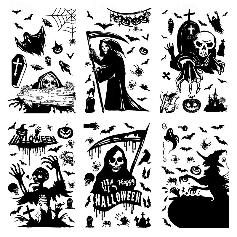 6 Sheets Halloween Window Cling Sticker Decals Decorations Double Side, Pumpkin Ghost Skull Static Stickers with Happy Halloween for Glass Window Decor4