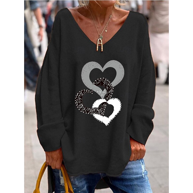 Women's Blouse Heart Stylish Casual Long Sleeve V Neck Regular Tops Daily Print Black White Pink Orange Green  Spring Fall Prefall4