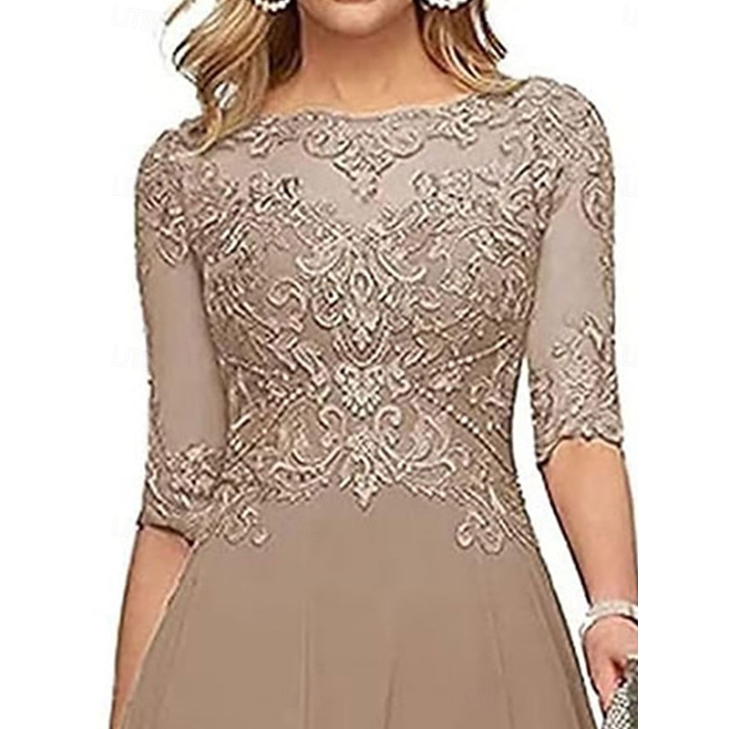 A-Line Mother of the Bride Dress Formal Wedding Guest Elegant Crew Neck Floor Length Chiffon Half Sleeve with Solid Color3