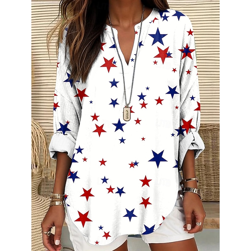 Women's Blouse Tunic V Neck Long Sleeve Boho Casual Patriotic Flag Red White And Blue Short Sleeve Regular Tops Daily Print Red Light Brown Blue4