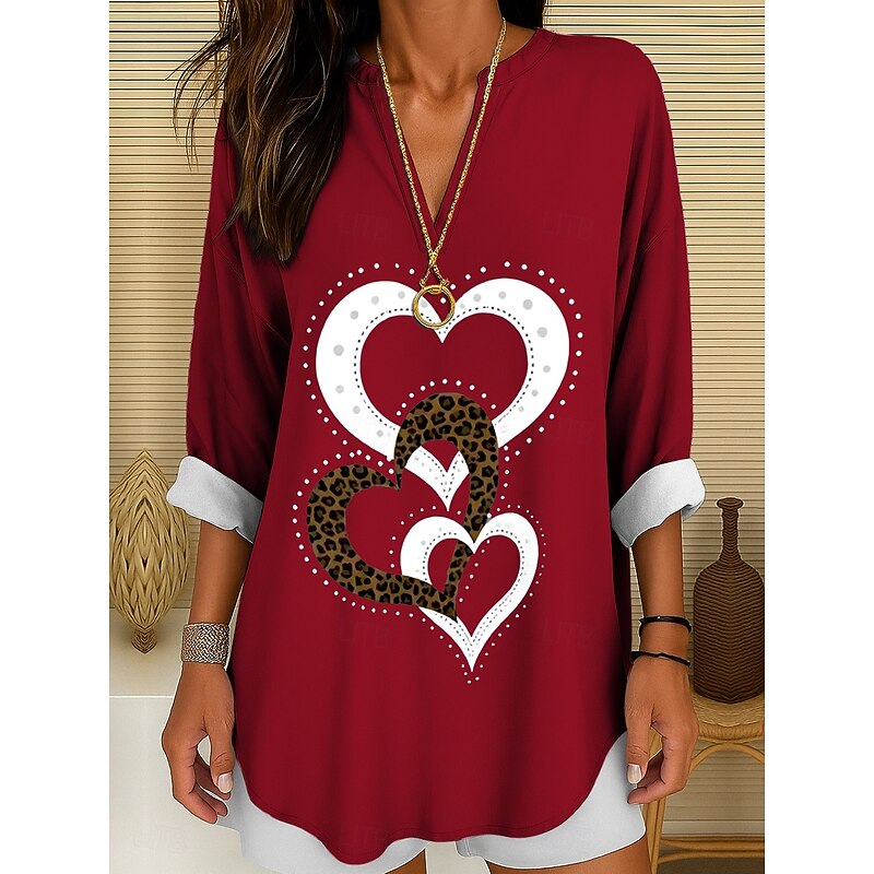 Women's Blouse Tunic V Neck Long Sleeve Boho Casual Tops Heart Graphic Geometric Elegant Stylish Regular Tops Daily Print Black White Yellow Red Blue