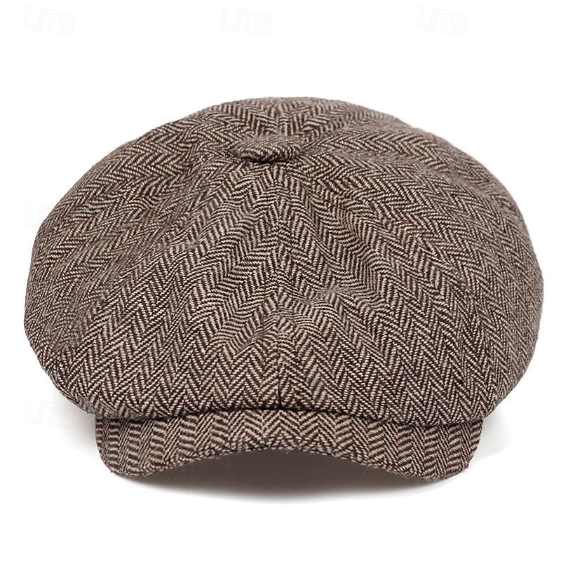 Men's Vintage Patchwork Herringbone Flat Cap – Classic Tweed Newsboy Hat for Autumn and Winter4
