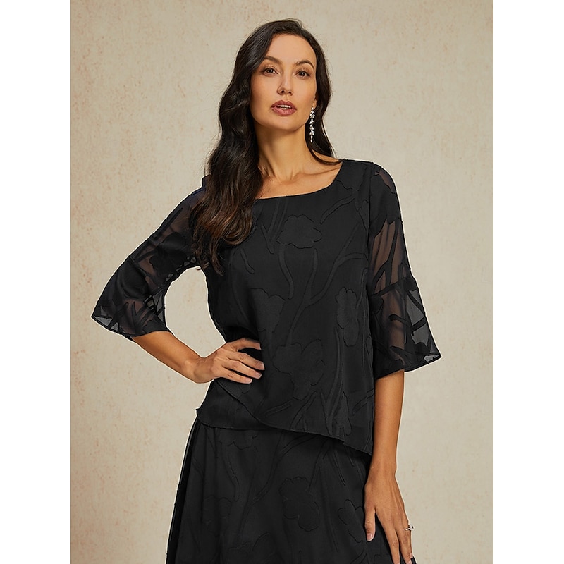 Women's Lace Shirt Blouse Dressy Tops Chiffon Tops Solid Color Floral Elegant Stylish Basic 3/4 Length Sleeve Bell Sleeve Boat Neck Regular Tops Wedding Guest Work Daily Cut Out Asymmetric Hem Black3