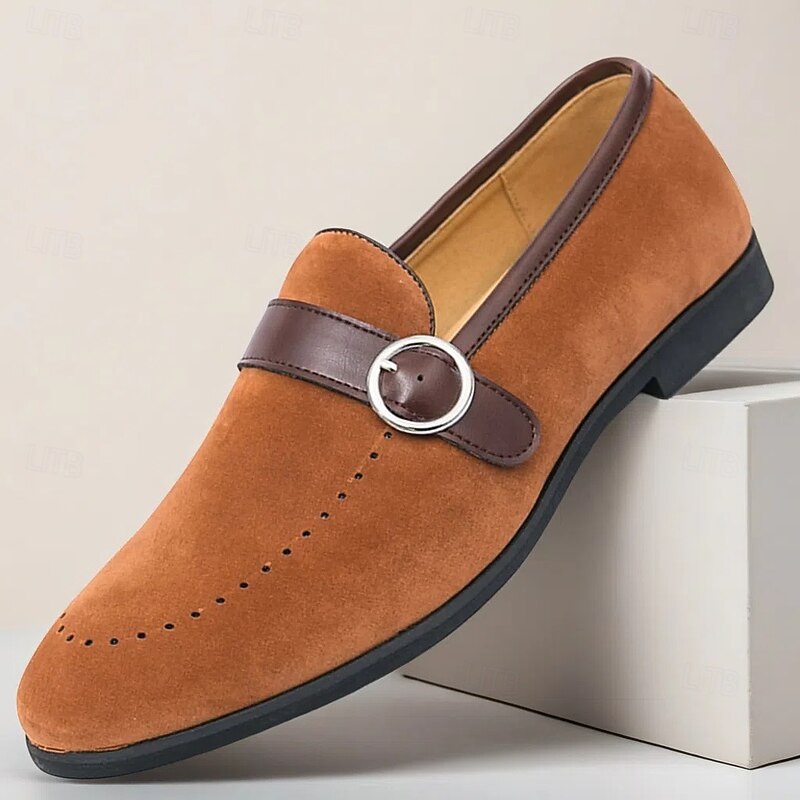Men's Brown Faux Suede Loafers with Buckle Strap Slip-On Dress Shoes for Office Parties and Daily Wear