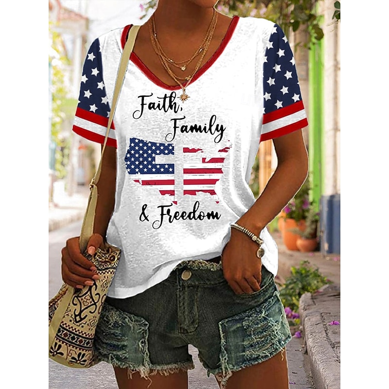 Women's Patriotic  T Shirt Graphic Flag Vintage Stylish Classic Short Sleeve V Neck Regular Tops Daily Print Black White Red Navy Blue Summer Spring2