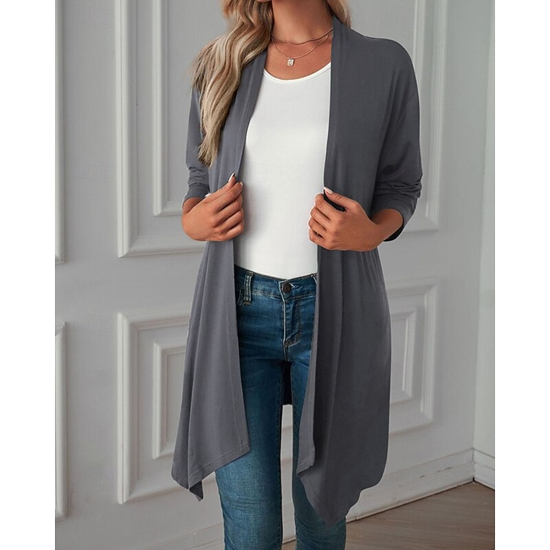 Women's Sweater Cardigan Vacation Fashion Daily Solid Color Ribbed Open Front Knitted Long Sleeve Long Tops Knit Holiday Going out Weekend Black White Fall Winter