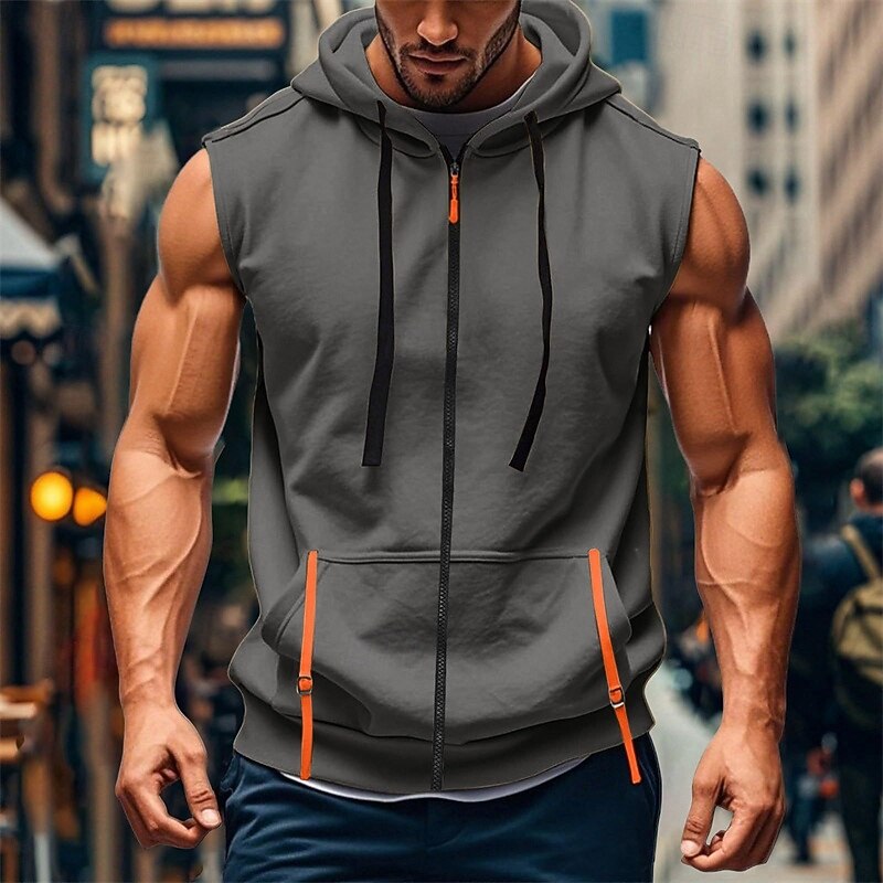 Men's Tank Top Vest Top Undershirt Sleeveless Shirt Sleeveless Hooded Summer Plain Fashion Designer Basic Zip Up Drawstring Front Pocket Vacation Street Going out Black Wine Navy Blue Top Tee for Men3