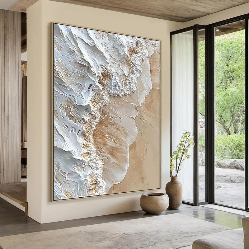 Beige ocean wave abstract landscape painting, white wave texture wall art, beige abstract art, modern natural home decor3