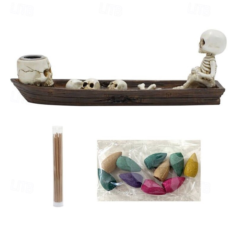 Halloween Skeleton Fishing Boat Incense Holder, Resin Spooky Skull Decor for Haunted House, Horror Atmosphere Yard Ornament for Halloween Party Display4