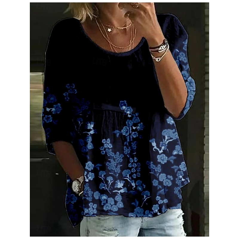 Women's Blouse Floral Stylish 3/4 Length Sleeve Crew Neck Regular Tops Daily Holiday Print Black Light Green Navy Blue Purple Green Summer4