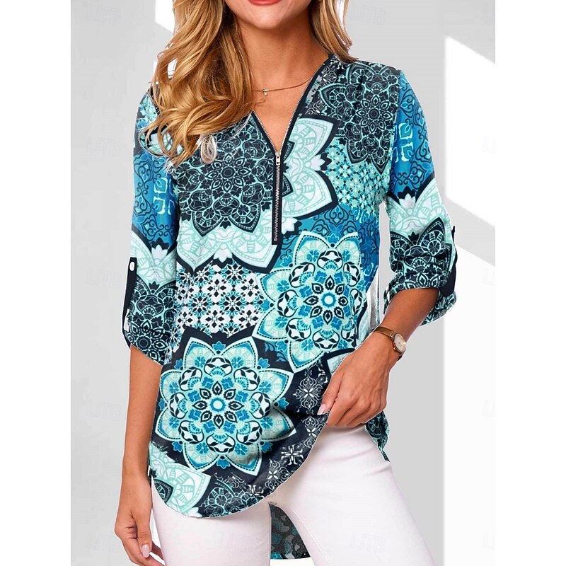 Women's Blouse Floral Graphic Geometric Stylish Casual Long Sleeve V Neck Regular Tops Daily Zipper Print Black White Pink Royal Blue Blue Summer Spring Fall
