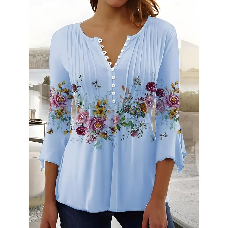 Women's Blouse V Neck Ombre Floral Graphic Elegant 3/4 Length Sleeve Regular Tops Daily Going out Buttons Black White Blue Purple Green Summer Spring Fall2
