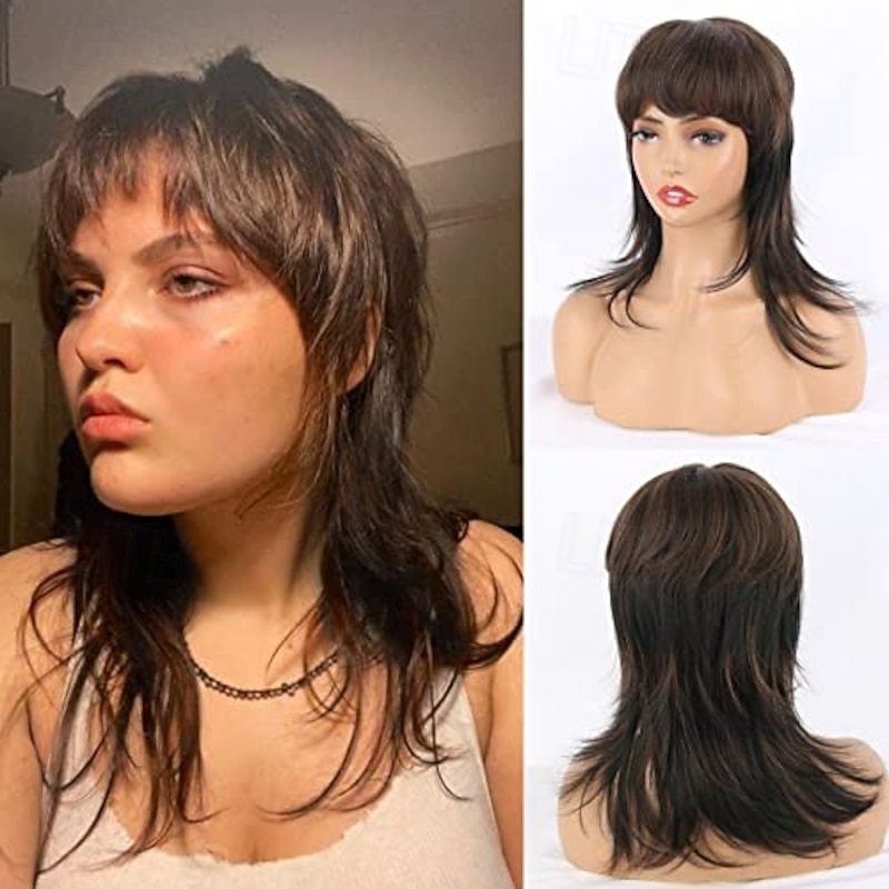 Mullet Wigs for Black Women Straight Wolf Cut Wig Mullet Wig Layered Mullet Wigs with Bangs Soft Synthetic Shag 80s 90s Mullet Wigs for Women Rocker Cosplay Wig Halloween Wigs3