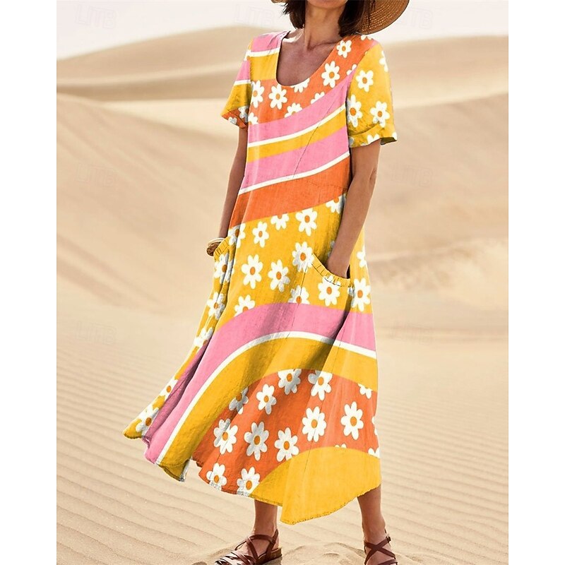 Women's Long Dress Maxi Dress Casual Dress Swing Dress Summer Dress Elegant Fashion Romantic Outdoor Party Holiday Regular Fit Flower Short Sleeve Crew Neck Yellow Red Green Summer2