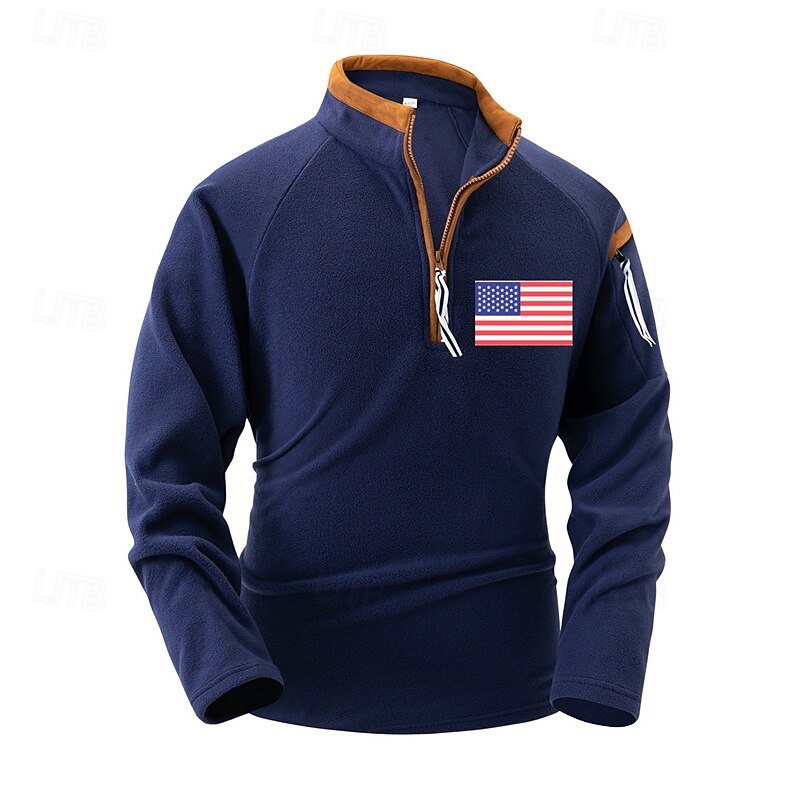 Men's Sweatshirt Quarter Zip Sweatshirt Black Navy Blue Camel Half Zip American US Flag Sports & Outdoor Daily Holiday Polyester Streetwear Basic Casual Spring &  Fall Clothing Apparel Hoodies