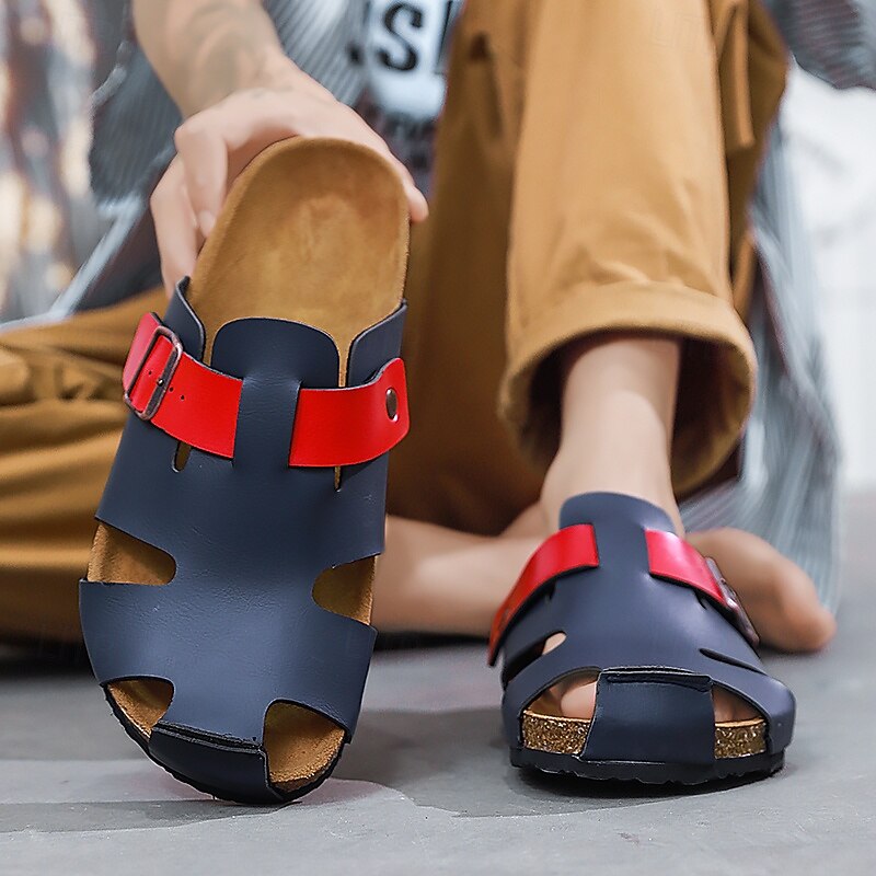 Men's Adjustable Buckle Strap Navy Slides Cork Footbed Faux Leather Sandals for Casual Summer and Outdoor Relaxation3