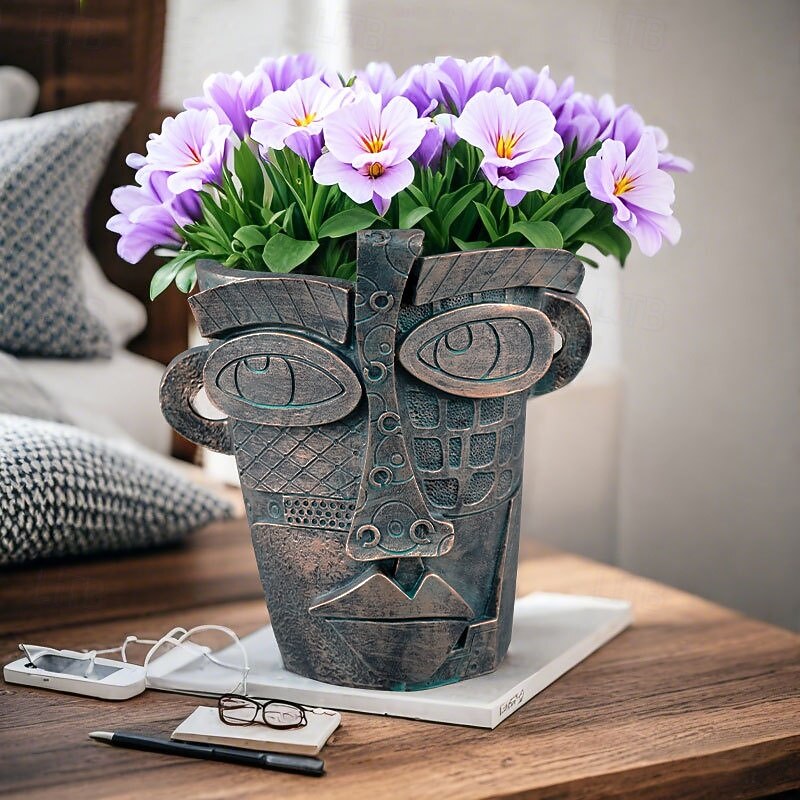 Brutalist Abstract Beauty Face Flower Pot, Bronze Resin Planter, Artistic Human Face Sculpture for Home Garden Patio Decor