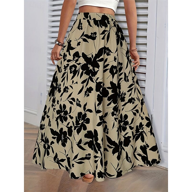 Women's Skirt A Line Fashion Casual Maxi High Waist Skirts Trees / Leaves Pocket Print Stretchy Street Daily White Green Summer Polyester2