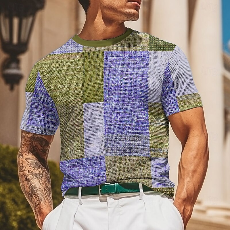 Men's Patchwork Waffle Shirt Short Sleeve T shirt 3D Print Crew Neck Shirt Fashion Casual Comfortable Street Casual Daily Light Blue Blue Purple Summer Spring All Seasons Clothing Apparel S M L XL2