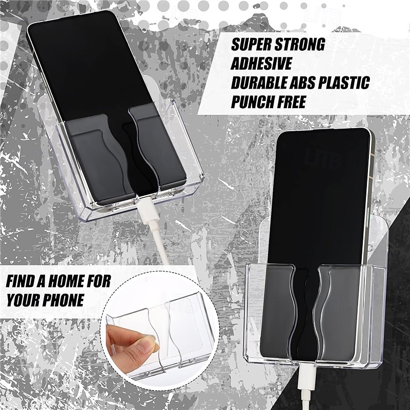 Wall Mounted Phone Holder Self Adhesive Cell Phone Stand with Charging Hole Acrylic Clear Remote Control Stand Bedside Organizer for Home Office3